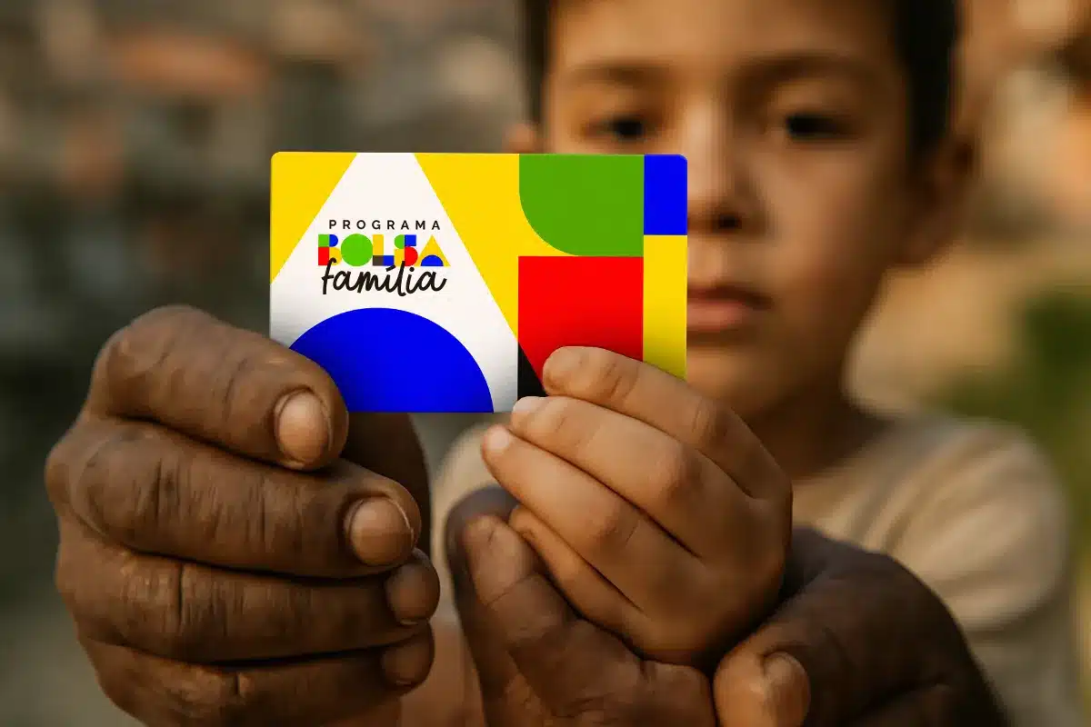 Atendimento para Atualização do Bolsa Família em Manaus Criança segurando cartão do Bolsa Família junto a mãos adultas, simbolizando apoio às famílias durante a atualização cadastral.