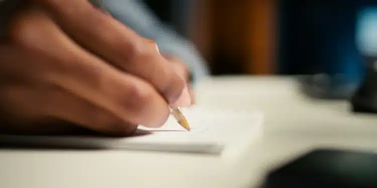 Pessoa escrevendo em um caderno, representando preparação para a prova discursiva do CNU 2025.