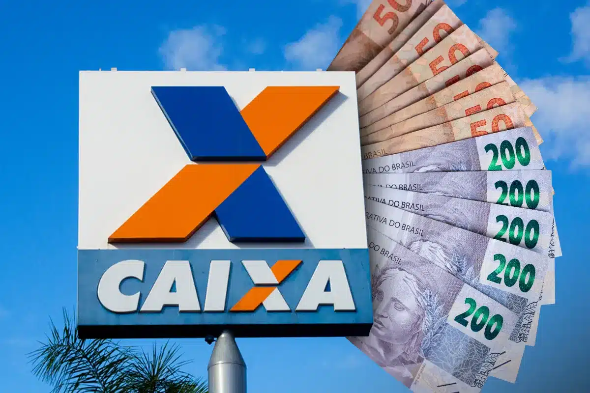 Pagamento R$ 300 CAIXA - Mães de Pernambuco Imagem do logo da CAIXA com notas de R$ 200 e R$ 50, ilustrando o pagamento do programa Mães de Pernambuco.