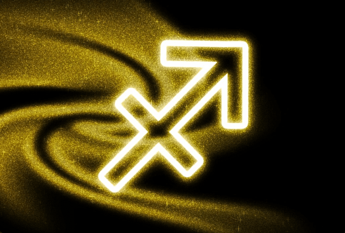 Símbolo astrológico de Sagitário (Arqueiro ou Centauro) em neon brilhante e fundo dourado, representando o otimismo e a sorte do signo na Mega da Virada.