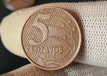 Close-up da moeda brasileira de 5 Centavos datada de 2008. Esta peça é considerada a terceira mais rara do Brasil e pode alcançar R$ 200 em excelente estado de conservação, por ter baixa tiragem.