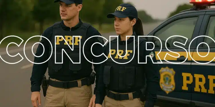 Dois agentes da Polícia Rodoviária Federal em uniforme, posando ao lado de um carro da PRF em uma estrada.