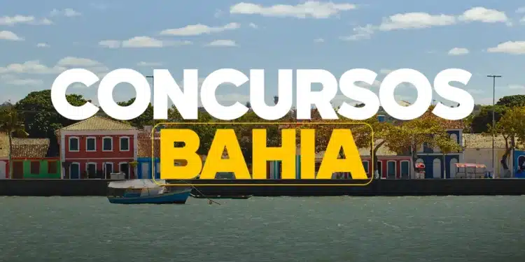 Imagem de paisagem turística da Bahia com a frase "Concursos Bahia", ilustrando as oportunidades de emprego público no estado.