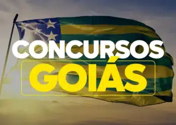 Bandeira de Goiás tremulando com o texto "CONCURSOS GOIÁS", representando as oportunidades de serviço público no estado.