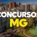Vista aérea da cidade de Belo Horizonte com texto concursos MG em destaque amarelo e branco