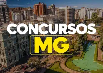 Vista aérea do centro de Belo Horizonte com texto sobre concursos MG em destaque