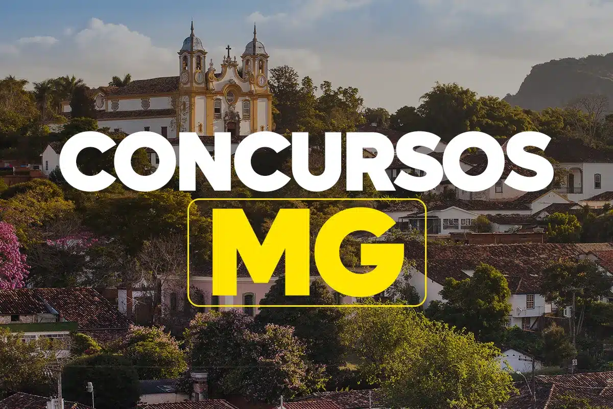 Paisagem de cidade histórica mineira com o texto "CONCURSOS MG" sobreposto, indicando oportunidades no estado.