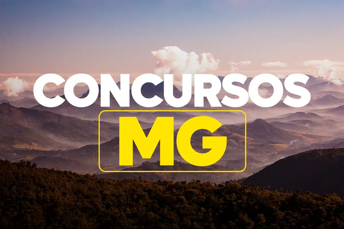 Imagem com a inscrição ‘Concursos MG’ sobre uma paisagem montanhosa, destacando a promoção de concursos públicos em Minas Gerais.