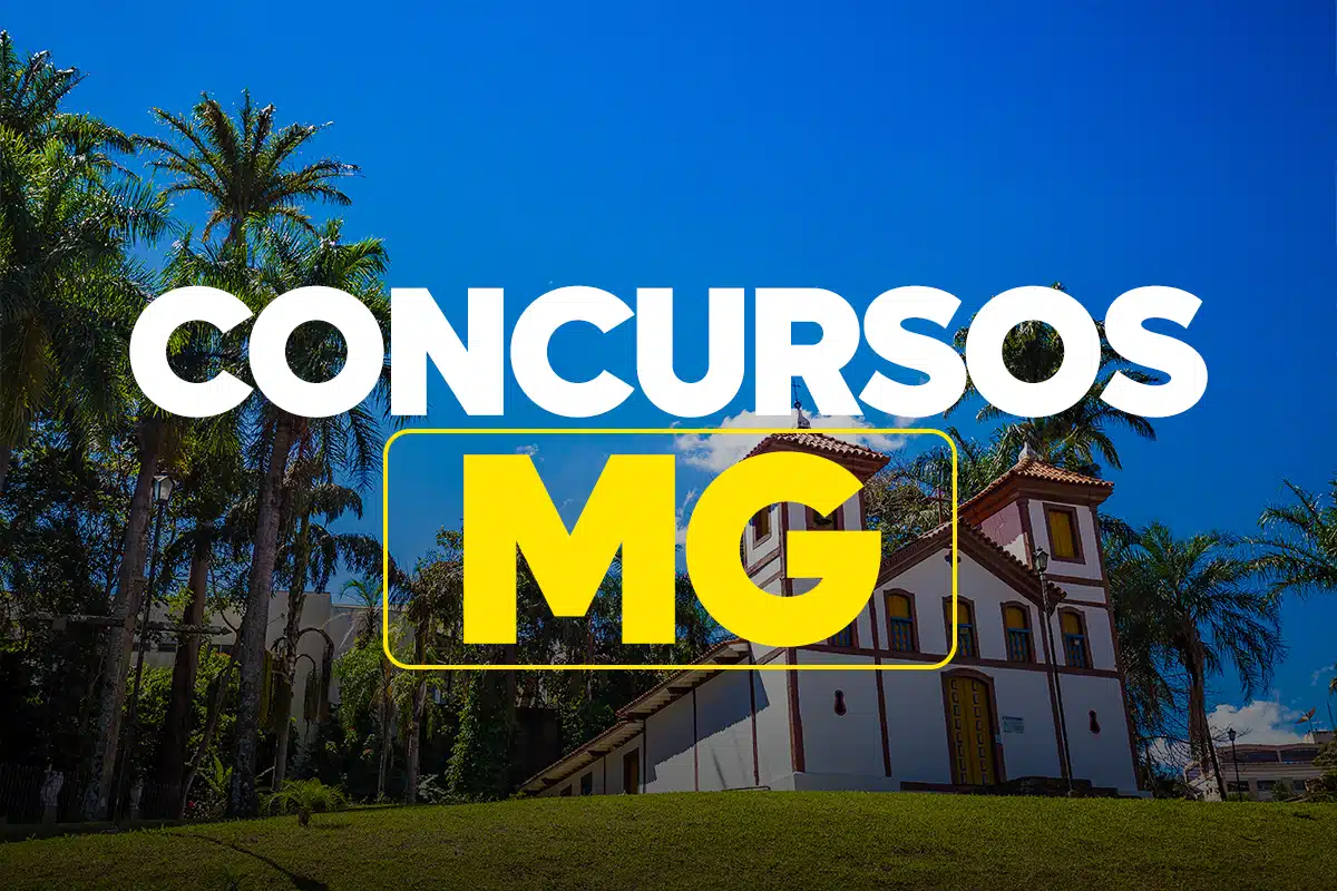 Concursos MG: Oportunidades em Minas Gerais Paisagem com casarão colonial e palmeiras ao fundo, texto concursos MG em destaque
