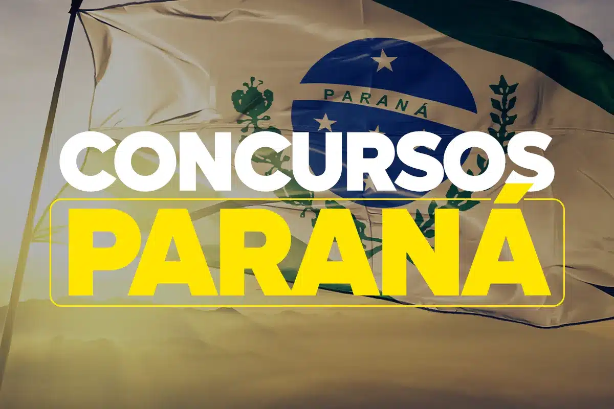 Imagem da bandeira do Paraná ao fundo, com texto destacando concursos públicos no estado.