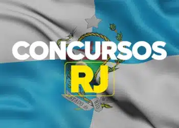 Bandeira do estado do Rio de Janeiro com texto sobre concursos públicos RJ em destaque