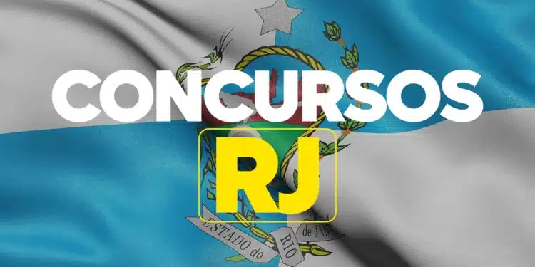 Bandeira do estado do Rio de Janeiro com texto sobre concursos públicos RJ em destaque