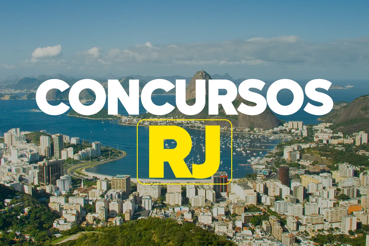 Vista aérea do Rio de Janeiro com destaque para concursos públicos no estado.
