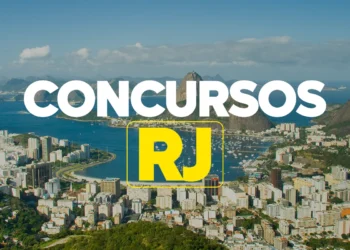 Vista aérea do Rio de Janeiro com o texto Concursos RJ em destaque em branco e amarelo