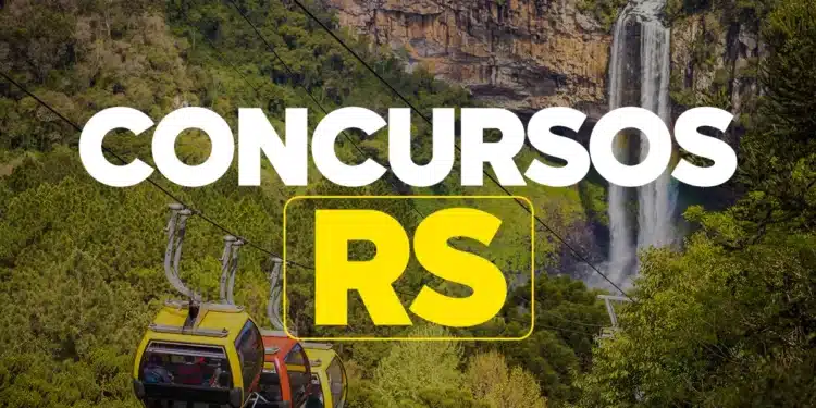 Teleférico com vista para cachoeira e área verde no Rio Grande do Sul com a frase em destaque "CONCURSOS RS"