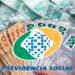 Imagem mostrando dinheiro do INSS com destaque para as cédulas de R$ 50, R$ 100 e R$ 200, com logo do INSS e mensagem sobre o pagamento do 13º.