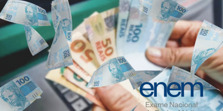 Notas de reais voando em frente a alguém manuseando dinheiro, junto ao logo do ENEM.