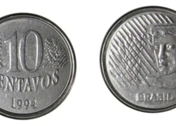 Moeda de 10 centavos de 1994 com valor de colecionador. O valor pode chegar a R$ 100 devido ao defeito de "data marcada múltipla", um erro raro de cunhagem.