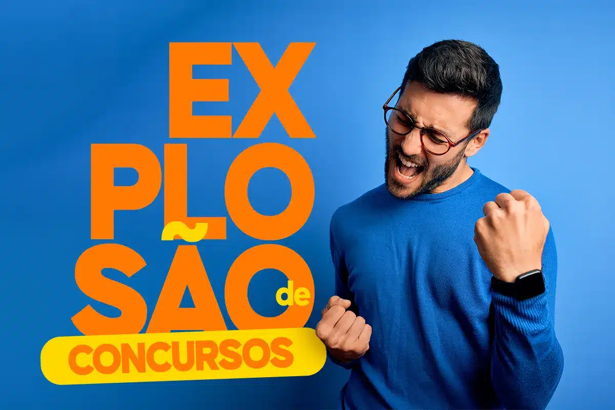 Homem comemorando com o punho cerrado, com a mensagem de 'Explosão de Concursos' destacada, incentivando as inscrições para concursos públicos.
