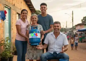 Família de baixa renda segurando o botijão do Gás do Povo. A entrega é validada por código no celular para evitar fraudes e garantir que o benefício chegue ao beneficiário correto.