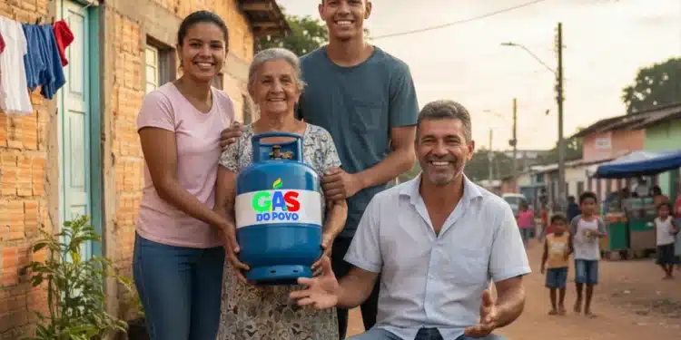 Família de baixa renda segurando o botijão do Gás do Povo. A entrega é validada por código no celular para evitar fraudes e garantir que o benefício chegue ao beneficiário correto.