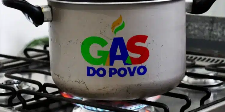 Panela com logo do programa Gás do Povo em cima de um fogão, com gás aceso, representando o benefício do vale de gás para a população.