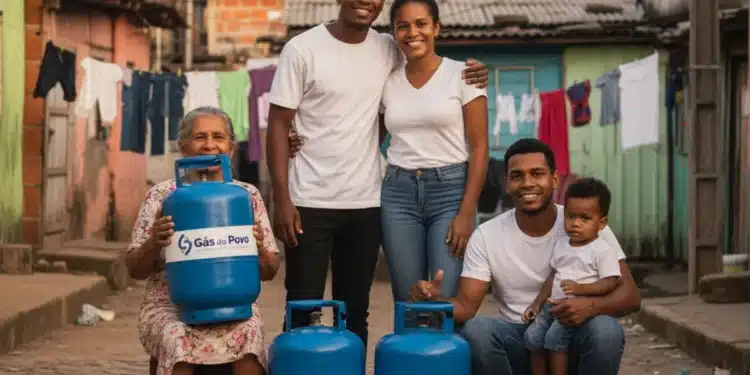 Família sorridente em uma comunidade segurando botijões de gás do projeto social Gás do Povo.