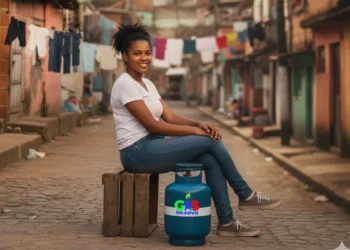 Mulher sorrindo em comunidade, sentada sobre um caixote com um botijão de gás do programa Gás do Povo ao lado.