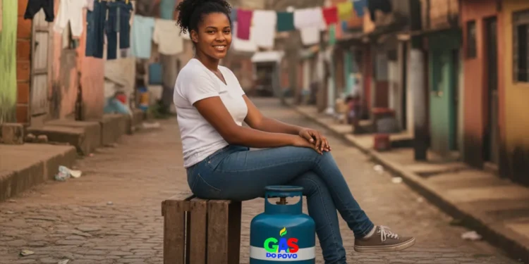 Mulher sorrindo em comunidade, sentada sobre um caixote com um botijão de gás do programa Gás do Povo ao lado.