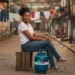 Mulher sorrindo em comunidade, sentada sobre um caixote com um botijão de gás do programa Gás do Povo ao lado.