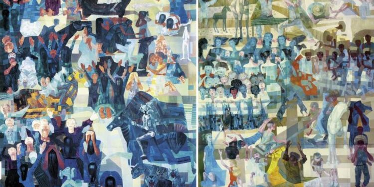 Os painéis 'Guerra' e 'Paz' de Candido Portinari, com figuras em cores frias e escuras no painel da esquerda e cores quentes e vibrantes no painel da direita, ilustrando a luta e a celebração.