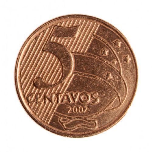 Moeda de 5 centavos do Brasil, ano 2002, foco no reverso, moeda rara por defeito de cunhagem, valor numismático
