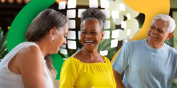 Grupo de aposentados felizes comemorando com logotipo do INSS sobreposto representando benefícios previdenciários.