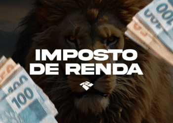 Imagem do Leão, símbolo do Imposto de Renda, com a frase "IMPOSTO DE RENDA" em destaque na cor branca e notas de R0 e R ao redor.