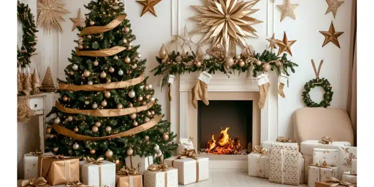 Decoração completa de Natal 2025 com árvore verde decorada em dourado, lareira acesa, guirlandas e estrelas na parede