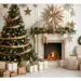 Decoração completa de Natal 2025 com árvore verde decorada em dourado, lareira acesa, guirlandas e estrelas na parede