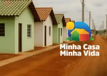 Imagem do programa Minha Casa, Minha Vida com casas populares e o logo oficial do programa.