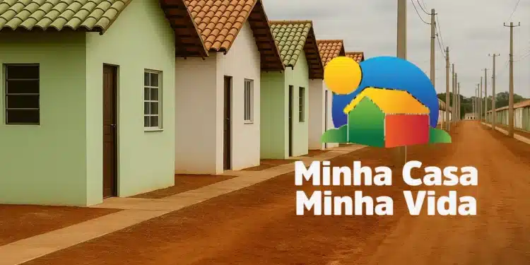 Imagem do programa Minha Casa, Minha Vida com casas populares e o logo oficial do programa.