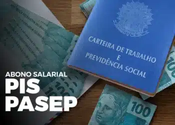 Imagem de cédulas de 100 reais e carteira de trabalho, relacionada ao abono salarial PIS/PASEP no Brasil.