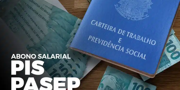 Imagem de cédulas de 100 reais e carteira de trabalho, relacionada ao abono salarial PIS/PASEP no Brasil.