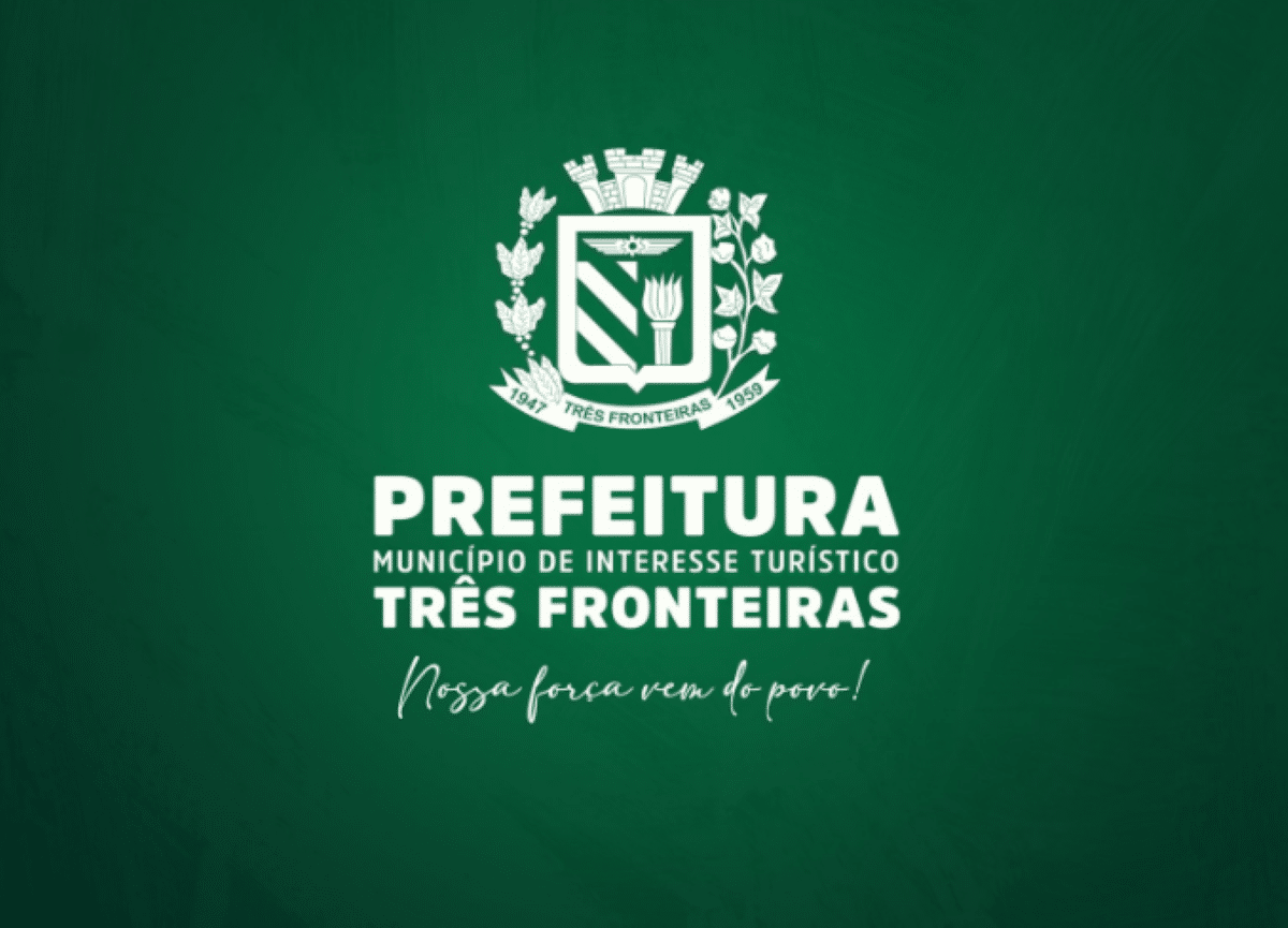 Logotipo da Prefeitura Municipal de Interesse Turístico de Três Fronteiras–SP com brasão, anos 1947 e 1959 e slogan "Nossa força vem do povo!"