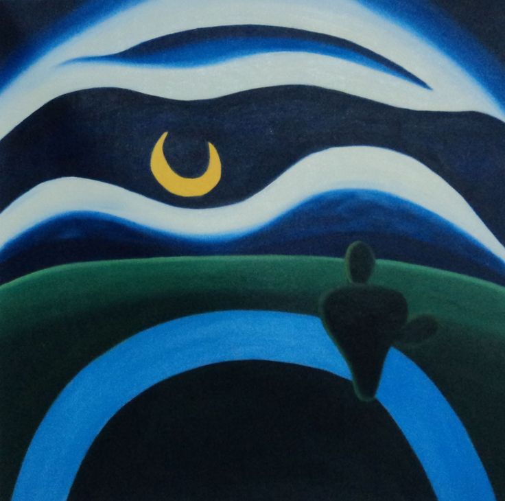 Pintura 'A Lua' de Tarsila do Amaral, com a figura solitária e escura sentada sob uma lua crescente amarela em um cenário noturno de nuvens brancas e azuis, exposta no MoMA.