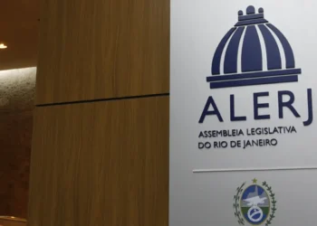 Placa com logo azul da Assembleia Legislativa do Rio de Janeiro em fundo branco
