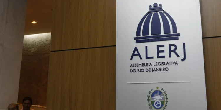 Placa com logo azul da Assembleia Legislativa do Rio de Janeiro em fundo branco