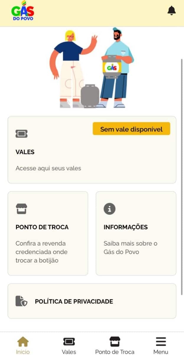Tela do aplicativo Meu Social do Gás do Povo mostrando a seção de Vales e informações sobre o benefício