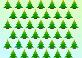 Imagem com várias árvores de Natal com estrelas douradas. Desafio visual: encontra a árvore diferente.