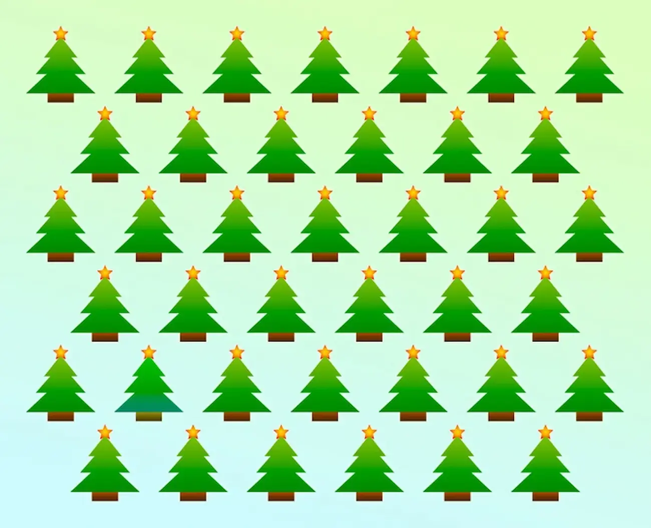 Imagem com várias árvores de Natal com estrelas douradas. Desafio visual: encontra a árvore diferente.