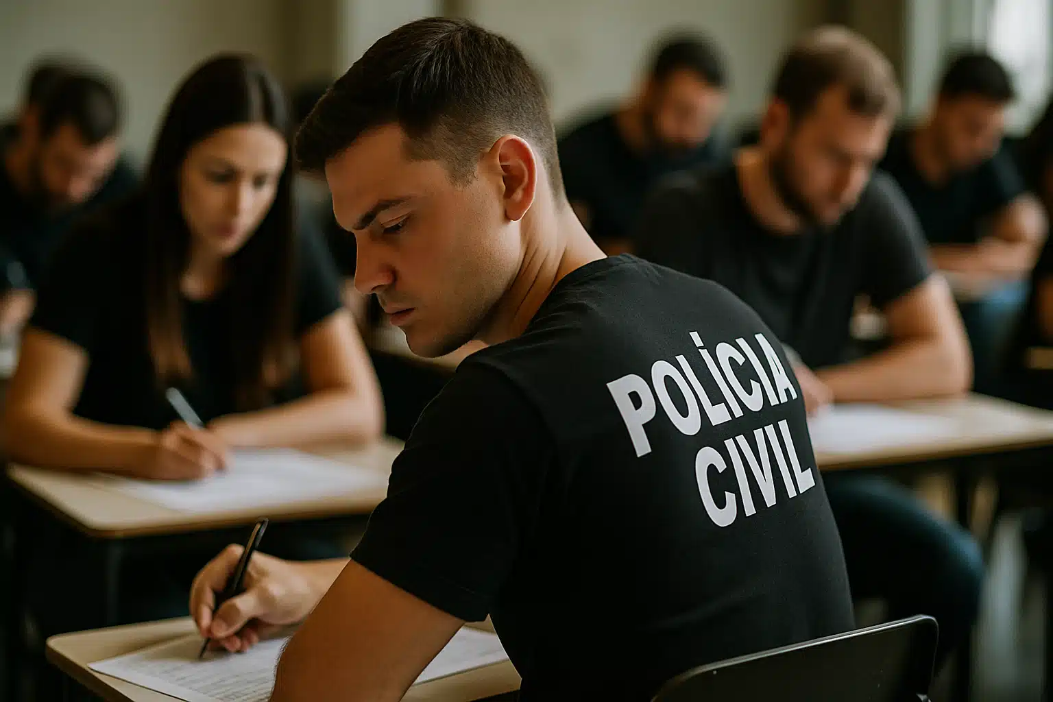 Homens e mulheres com camisetas pretas, um deles com a inscrição Polícia Civil, fazendo prova em sala de aula