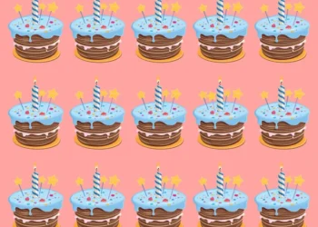 Ilustração de vários bolos iguais lado a lado em um desafio visual para encontrar o bolo diferente.