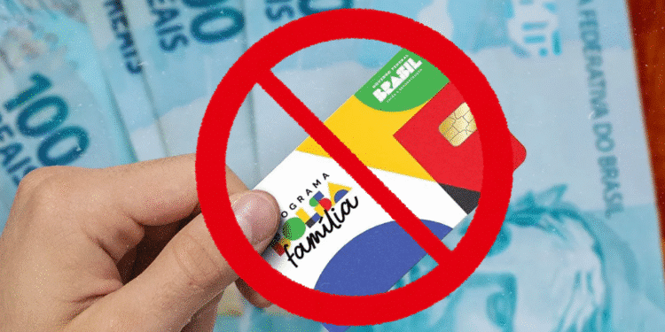 Ilustração sobre bloqueio de benefícios do Bolsa Família, com cartão riscado e notas de 100 reais ao fundo.